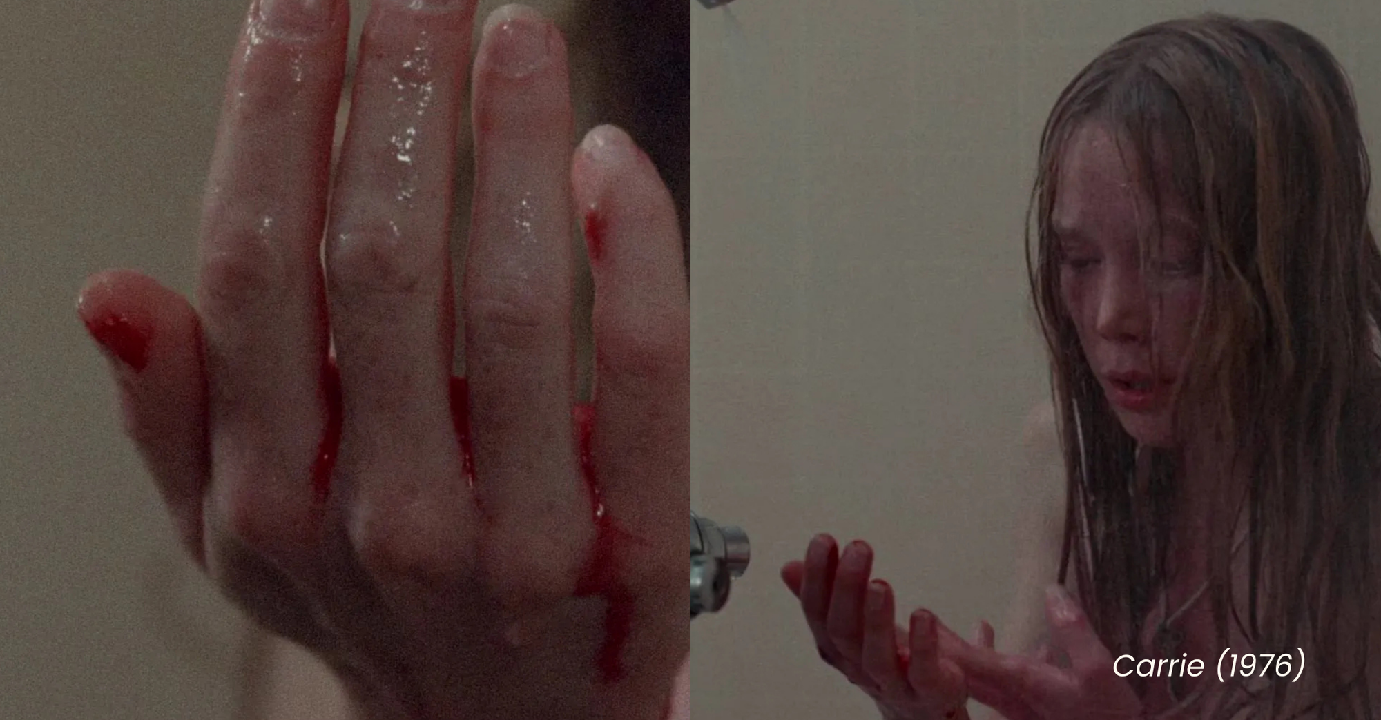 Carrie looking down at her hand and discovering period blood in the showers from the movie Carrie (1976)